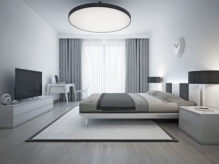 46197867 - elegant bedroom contemporary style. monochrome interior bedroom with elegant double bed and white patterned carpet with black frame. 3d render